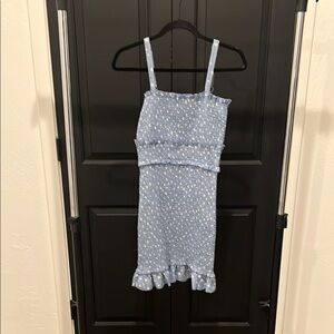 Blue and White Ruched Sundress with Square Neck